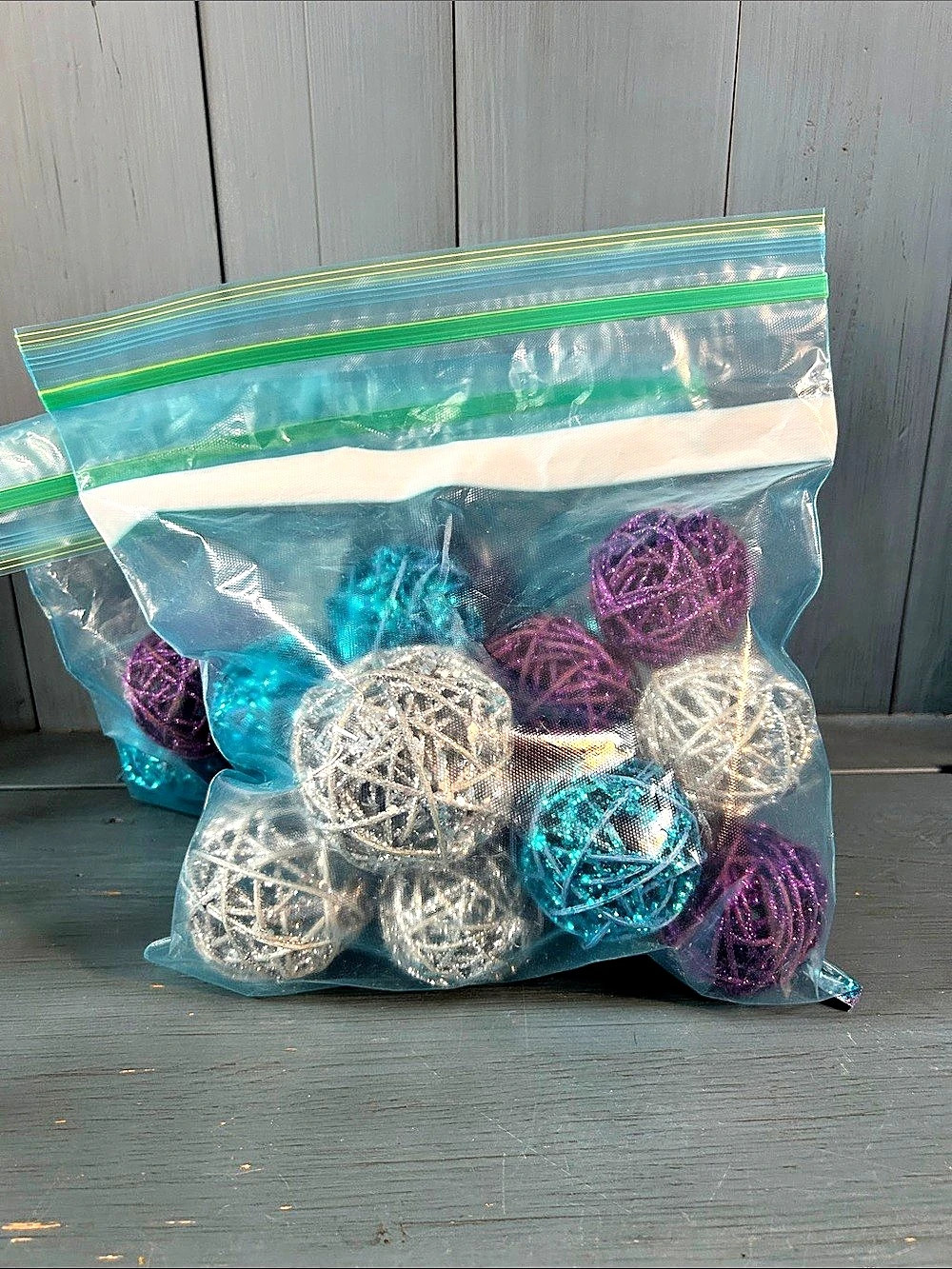 Glitter Decorative Balls Set Silver, Blue & Purple - Like New Condition